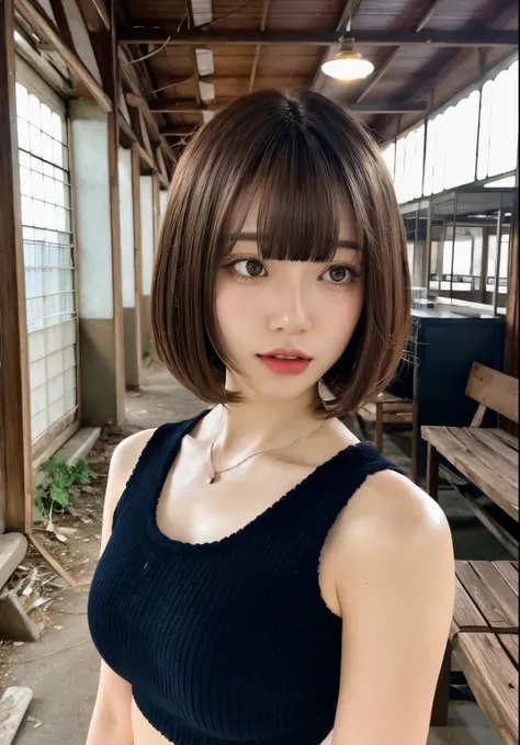 one-girl, brunette color hair, By bangs, Bob cuts hair, A white haircut tied around the neck, sit on chair，The back is straight, Showa retro old and narrow abandoned train station waiting room, mental silence, Transcendental tranquility, absurd res, HighDy...