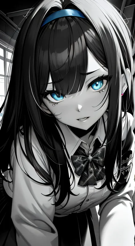 white background, grayscales ,(linear art:1.2), bowtie, black hairband, black skirt, femme, collared shirt  ,(blue eyes:1.2),  s...