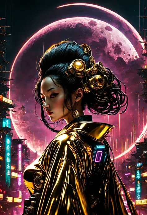 (cyberpunk style), a japanese lady,kimono that shines in gold, __quiron/generic__, neon light, rampage, cybernetic enhancements,...