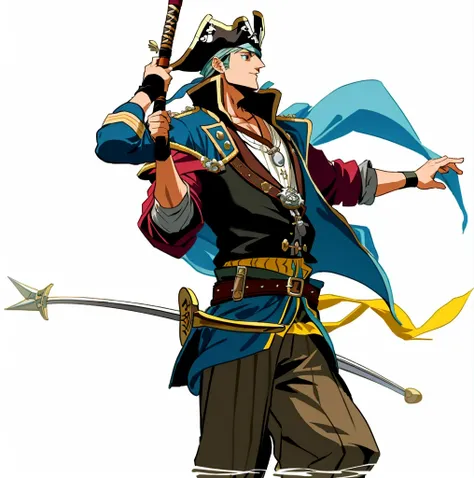 a bard with a lute, swashbuckler class pirate, pirate captain, a pirate, pirate, swashbuckler, male swashbuckler, captain, sea background