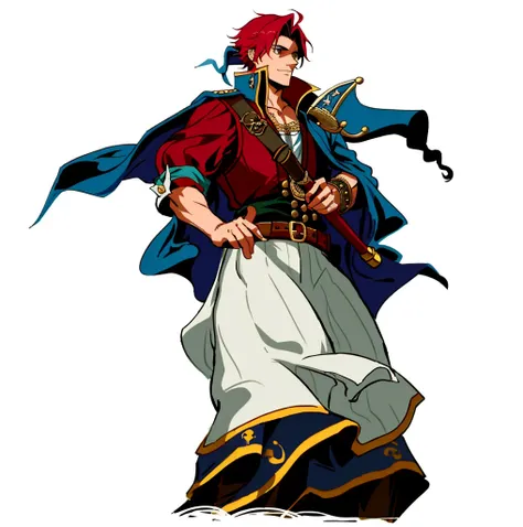 a bard with a lute, swashbuckler class pirate, pirate captain, a pirate, pirate, swashbuckler, male swashbuckler, captain, sea background