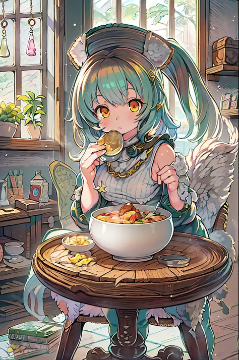 Anime girl sitting on a chair with a bowl of food in her hand, alchemist girl, Light Novel Cover Art, Official art, epic light novel art cover, official artwork, epic light novel cover art, Lori, Isekai, small curvy loli, cushart krenz, cushart, cushart kr...