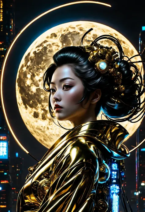 A Japanese Lady,Kimono that shines in gold, __quiron/generic__, Neon light, rampage, cybernetic enhancements, Futuristic, scifi, Science fiction, epicd, A huge moon in the sky, Metal, wires, tech, Futuristic, Highly detailed