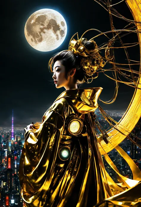 A Japanese Lady,Kimono that shines in gold, __quiron/generic__, Neon light, rampage, cybernetic enhancements, Futuristic, scifi, Science fiction, epicd, A huge moon in the sky, Metal, wires, tech, Futuristic, Highly detailed