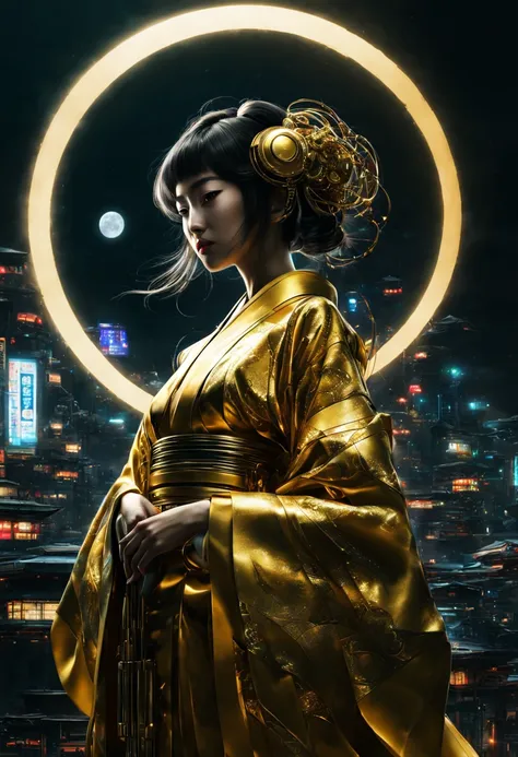 A Japanese Lady,Kimono that shines in gold, __quiron/generic__, Neon light, rampage, cybernetic enhancements, Futuristic, scifi, Science fiction, epicd, A huge moon in the sky, wires, tech, Futuristic, Highly detailed