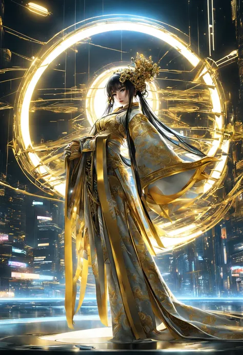 A Japanese Lady,Kimono that shines in gold, __quiron/generic__, Neon light, rampage, cybernetic enhancements, Futuristic, scifi, Science fiction, epicd, A huge moon in the sky, wires, tech, Futuristic, Highly detailed