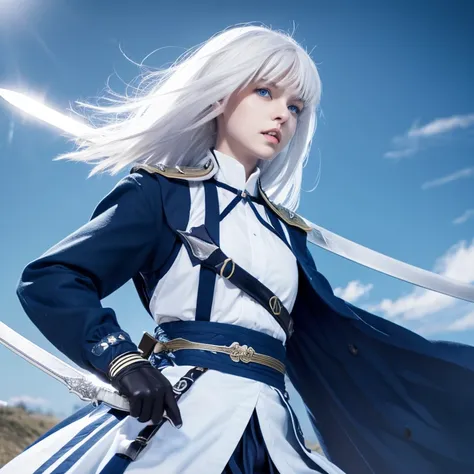 White hair, Blue eyes, Medium length, Sword, sword holding, 20s, girl, Dark blue clothes, White skirt, Whole body, military outfits、the wind