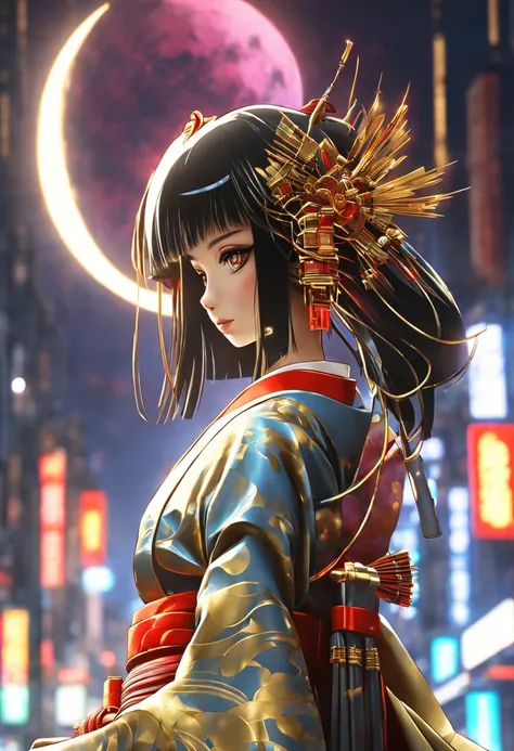 A Japanese Lady,Beautie,Kimono that shines in gold, __quiron/generic__, Neon light, rampage, cybernetic enhancements, Futuristic, scifi, Science fiction, epicd, A huge moon in the sky, wires, tech, Futuristic, Highly detailed