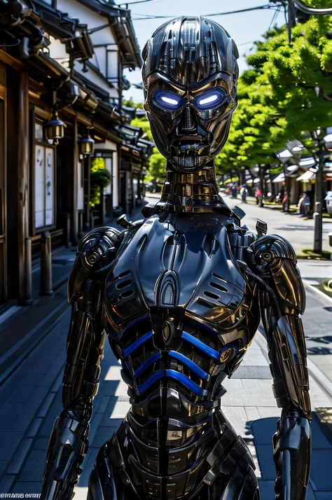 realistic lighting, t-x endoskeleton, (t-x in japan, japan street:1.1), daytime, ultra realistic, very high quality, endoskeleto...