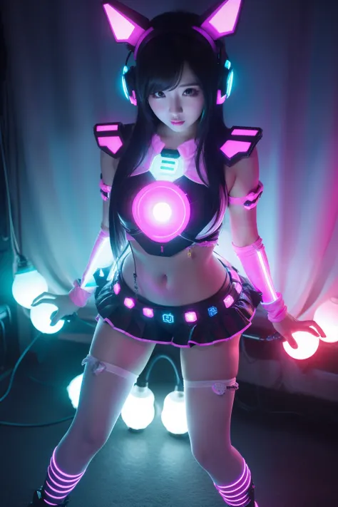 Female idol covered in light bulbs（Cute costumes）、Looks fun、full body Esbian、cyberpunked、Luminescent