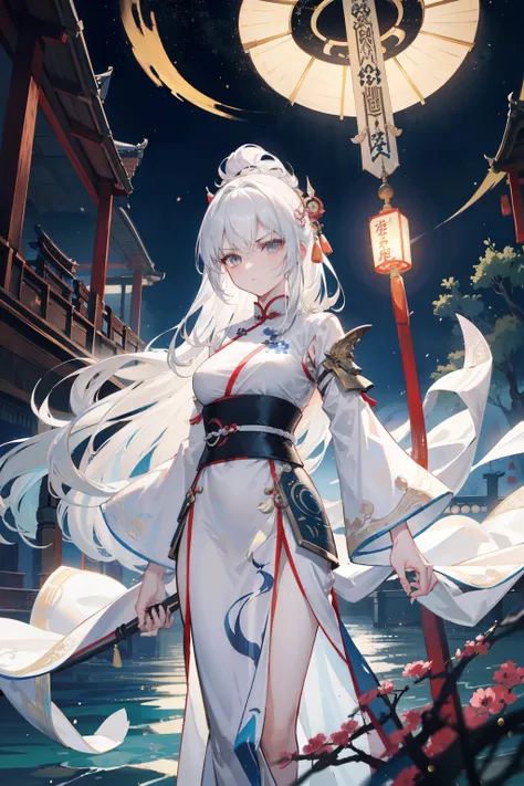 swordswoman with long messy tousled white hair, tall and mature, fierce and serene look, in a traditional white and light blue xianxia robe, standing on a wooden boat in the middle of a dark lake, ancient times, chinese theme with lanterns and a harbor in ...