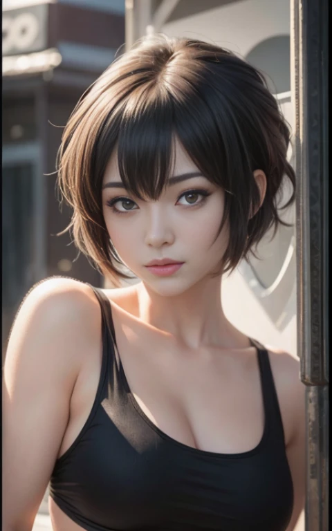 real Life adaption of this character,her name is Ts kiyara from anime ,hyper realistic , short hair, very realistic detailed hair, high resolution, photorealistic,very detailed,very realistic outfit, Japanese face,detailed shining eyes, calm expression,rea...