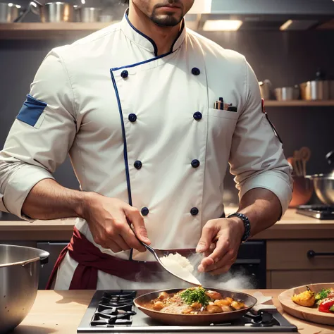 Capture the essence of culinary mastery in this high-resolution, ultra-realistic image prompt. Picture an Indian chef, adorned in a pristine white chef coat embellished with intricate details, crowned by a traditional white sous chef cap. The setting is a ...