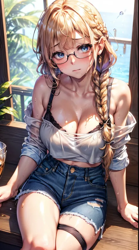 1womanl,Golden head hair, ,((Impatient expression)),Beautiful breasts,thin white tanktop,well-styled,,(Facing the front)(((Blushing cheeks、Surprised look)),(((short braid))),((( Portrait from the knee up)))Frameless glasses,Blue eyes,(((Bangs are aligned))...