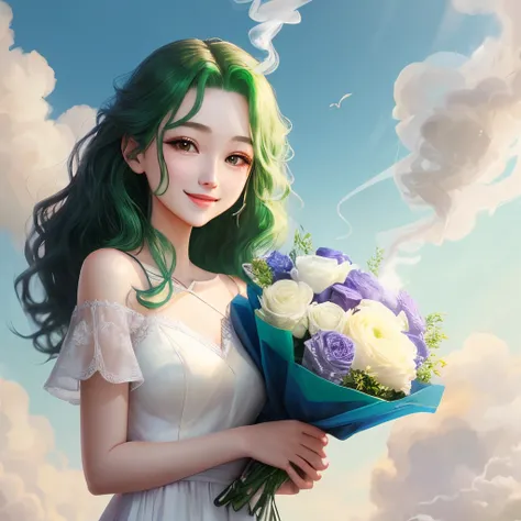 girl with、frontage、Emerald hair、wavy and long hair、emerald eyes、beautidful eyes、a smile、Beautiful white dress、holding a bouquet in both hands、blue open sky、white clouds、Sunnyday、smoking tobacco、smil