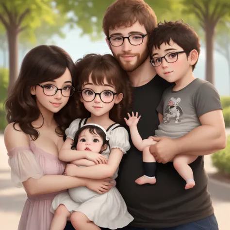 a family at Disney, a chubby woman with straight, light brown hair, round glasses, brown eyes and brown skin. a white man with straight black hair and a beard and light brown eyes. a white baby with black, curly hair. a 4 year old girl with black curly bro...