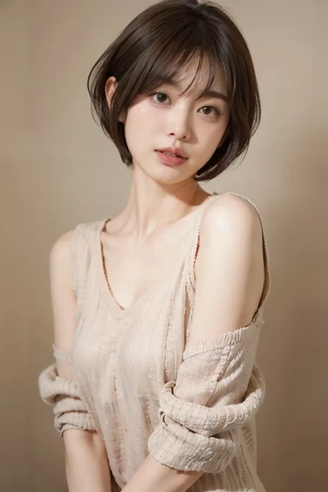 woman in her early 30s、dark brown hair、short-hair、simple background