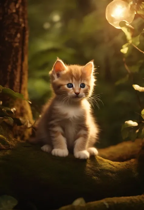 Very cute close-up of a kitten sitting in the forest, Soft volumetric lamp (Retro Illuminasan: 1.3), (Kinematics: 1.2), intricate detailes