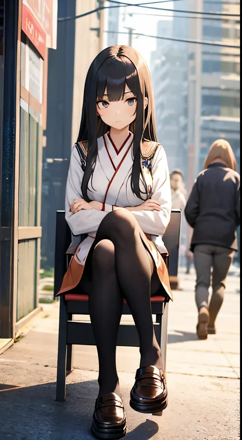 a female japanese high school student in uniform wearing black pantyhose and loafers is sitting with her legs crossed. legs loom...