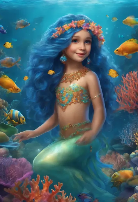 Realistic illustration of the Sea Princess, colorful aquatic creature. This is a 5 year old girl with long blue hair., shimmering like sea water, and rainbow fish scales on the arms and legs. On her head is a wreath of coral and shells. She is surrounded b...