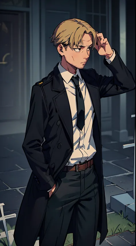 (masterpiece, best quality:1.2), solo, male focus, 1boy, kishibe, expressionless, looking away, stitches, formal, black coat, collared shirt, necktie, black pants, belt, graveyard, hands in pockets