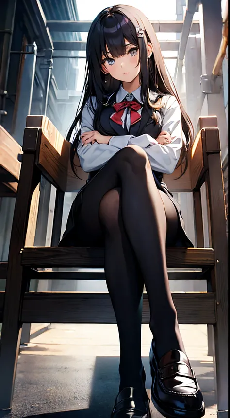 a japanese high school girl in a uniform wearing black pantyhose and loafers sits with her legs crossed. legs are coming towards...