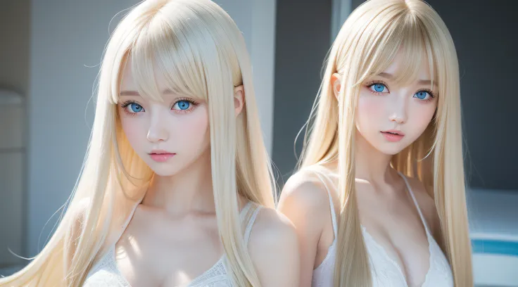 Skin is silky white and shiny、Sexy and very beautiful、Good-looking and cute、Extra long gorgeous blonde hair、Bangs extend to eyes and nose、Big light blue eyes，shining with transparent light、17-year-old pretty and cute girl with sexy bangs swaying、The most b...