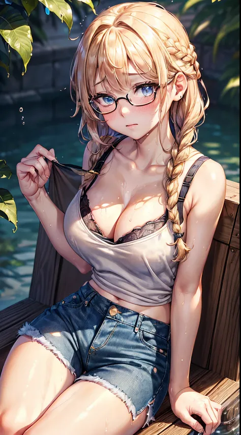 1womanl,Golden head hair, ,((Impatient expression)),Beautiful breasts,thin white tanktop,well-styled,,(Facing the front)(((Blushing cheeks、Surprised look)),(((short braid))),((( Portrait from the knee up)))Frameless glasses,Blue eyes,(((Bangs are aligned))...