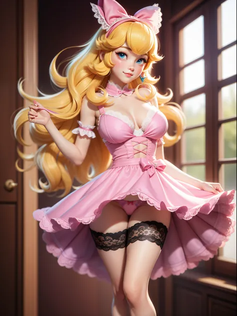 1girl in, PrincessPeach, Solo, Long hair, Pink dress, Looking at Viewer, mario castle background, Yellow hair, Simple background, Blue eyes, Lips, Closed mouth, bow ribbon, Hair Ribbon, large full breasts、、Standing、full body Esbian、low angles、（up skirt）、((...