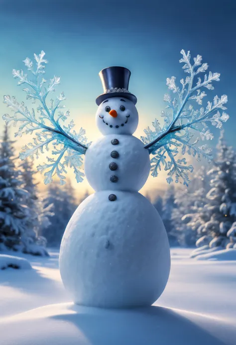 a majestic snowman glowing with an ethereal luminosity, evoking a sense of wonder in its intricate and detailed design, Capture the perfect symmetry as ice crystals emit a soft, bioluminescent glow amidst a winter wonderland, Realism, god rays, ray tracing...