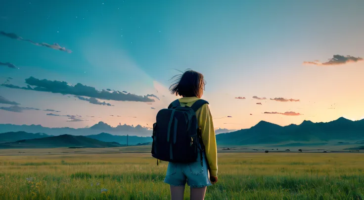 The vast sky, beautiful skyline, large grasslands, extremely tense and dramatic pictures, moving visual effects, the high-hanging Polaris, and colorful natural light. Long-sleeved top, denim shorts, and a girl with a backpack.