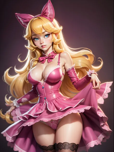 1girl in, PrincessPeach, Solo, Long hair, Pink dress, Looking at Viewer, mario castle background, Yellow hair, Simple background, Blue eyes, Lips, Closed mouth, bow ribbon, Hair Ribbon, large full breasts、、Standing、full body Esbian、low angles、（up skirt）、((...