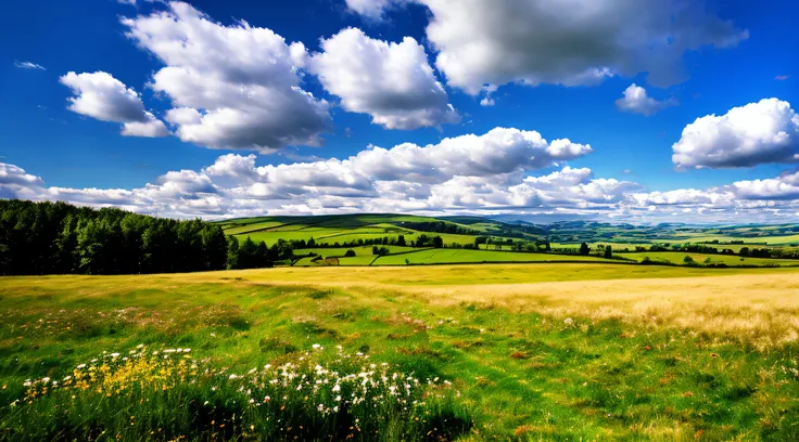 steppe landscape，blue sky and clouds,  green forest, dingdall effect，a country road，Colorful hot air balloon，high quality desktop wallpaper, verdant forest, Detailed field properties, beautiful english countryside, amazing scenery, endless rolling hills, s...