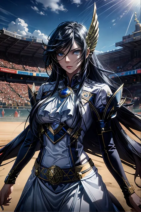 a woman in a white dress standing in front of a baseball field, portrait knights of zodiac girl, knights of zodiac girl, highly detailed exquisite fanart, mechanized valkyrie girl, gorgeous female paladin, high detailed official artwork, irelia, extremely ...