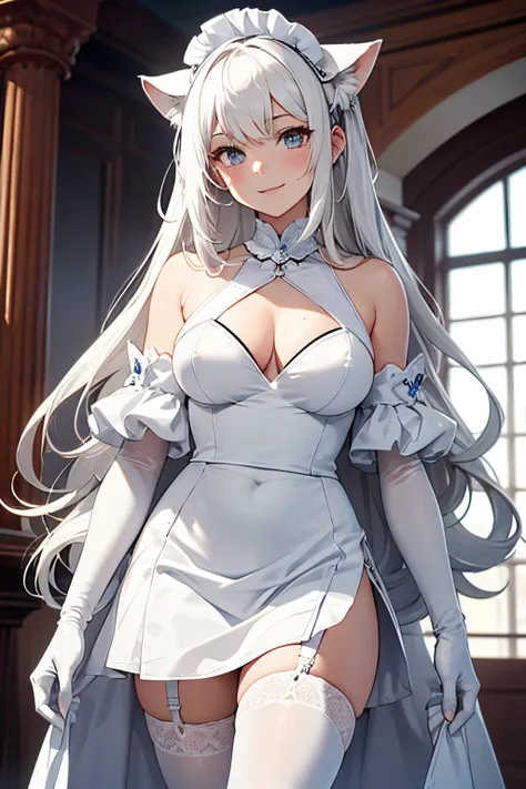 masutepiece　 The highest image quality　Super vivid　high-detail　One Young Woman（（Adults））　White Long Gloves（（blanche）（Long gloves））　white stockings（（blanche）（Pantyhose）（tights））　maid clothes（a miniskirt）　Wolf ears　The hair（（Curta）（Grey hair））　a smile　Eye co...