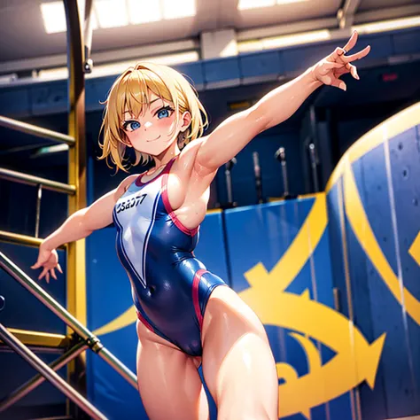 competition swimsuit　13yo girl、gymnast、wearing leotard、A wave of side-haired blonde smiled、Gymnastics competition venue、A sexy