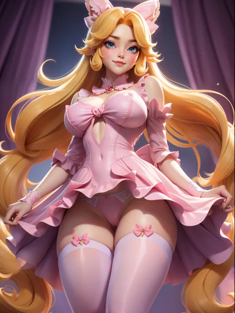 1girl in, PrincessPeach, Solo, Long hair, Pink dress, Looking at Viewer, mario castle background, Yellow hair, Simple background, Blue eyes, Lips, Closed mouth, bow ribbon, Hair Ribbon, large full breasts、、Standing posture、full body Esbian、low angles、（up s...