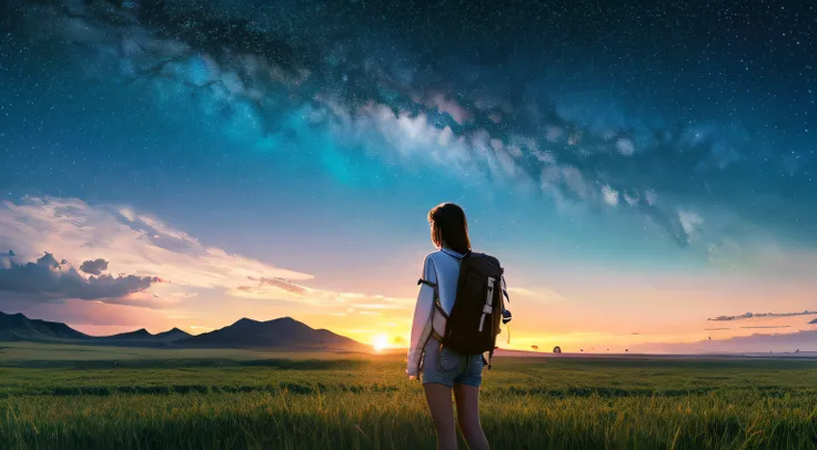 The vast sky, beautiful skyline, large grasslands, extremely tense and dramatic pictures, moving visual effects, the high-hanging Polaris, and colorful natural light. Long-sleeved top, denim shorts, and a girl with a backpack.