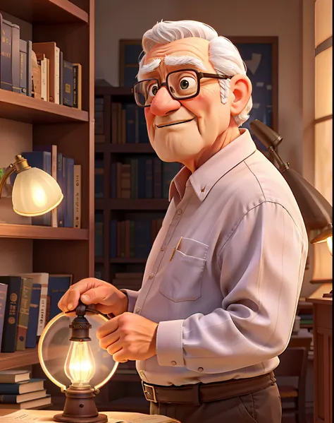 A wise old man standing in front, illuminated by the light of a lamp, against the backdrop of a library