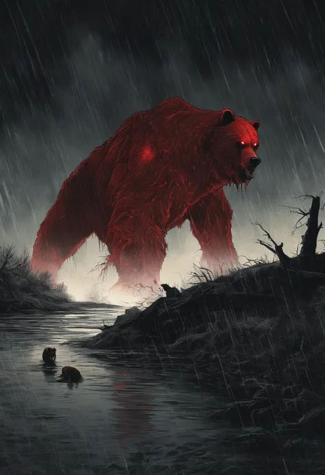 rainy day, Evil Light, grizzly bear, riverbank, Glowing red eyes, a malicious glow, Best Quality, masutepiece,Eating meat