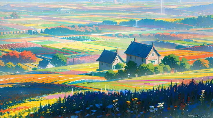 flowers field, colorful flowers, small buildings in the background, beautiful blue sky, beautiful sunlight, colorful anime artwork, distant view, amazing scenery, amazing visuals, beautiful anime artwork, ultrasharp, masterpiece, high res, 8k