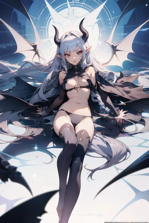 pointy ears，Bigboobs，Two legs，Over-the-knee stockings，（Princess cut hairstyle），long whitr hair，Sideburns have long hair，succubi，have demon wings，Bikini swimsuit，opening legs