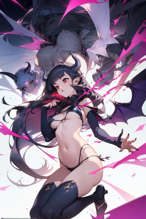 pointy ears，Bigboobs，Two legs，Over-the-knee stockings，（Princess cut hairstyle），long whitr hair，Sideburns have long hair，succubi，have demon wings，Bikini swimsuit，opening legs