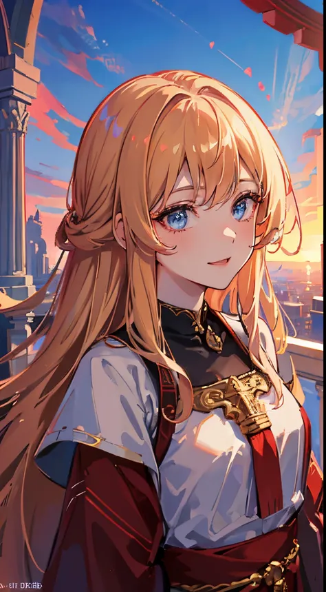 1girl, official art ,unity 8k wallpaper, ultra detailed, beautiful and aesthetic, (masterpiece, best quality),  smiling caucasoid woman, 25 years old, blue eyes ,, beautiful, , Red shrine maiden clothes, blonde Long curl hair, temple of the gods, (shoot ma...