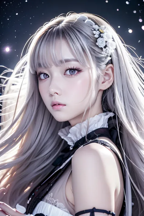 masutepiece, Amazing girl, Night Moon Full Moon, 1 female, Mature Woman, Sister, Royal sister, Cold Face, deadpan, Silver-White Long Haired Woman, Light pink lips, Calm, Intellectual, Three Band Grey Eyes, Assassin Short Knife, Flower ball background, Hand...