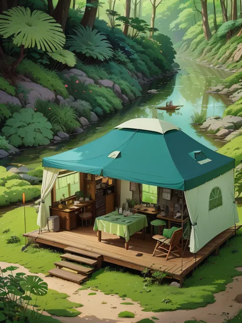 There was a small tent with tables and chairs in the middle of the forest., Ghibli Studio Style, Relaxing concept art, Ghibli art style, Ghibli art style, Greg Rutkowski Studio Ghibli, Ghibli Studio anime style, Studio Ghibli art style, Studio Ghibli Art S...