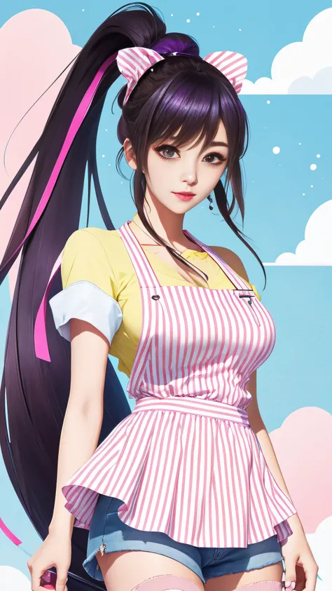 uminoie　Ice cream shop　part time girl　blancheＴshirt and denim shorts　pink and white vertical striped apron　pink cap　rather large breasts　face that seems to cry　Indigo hair in a ponytail　anime style illustration