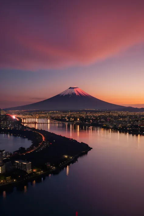 Cinematic, Scenic spot one, Mt fuji、Beautiful image of the city and its reflection in the lake at sunset, The sky is red, bokeh, like a dream, Surreal, realistically