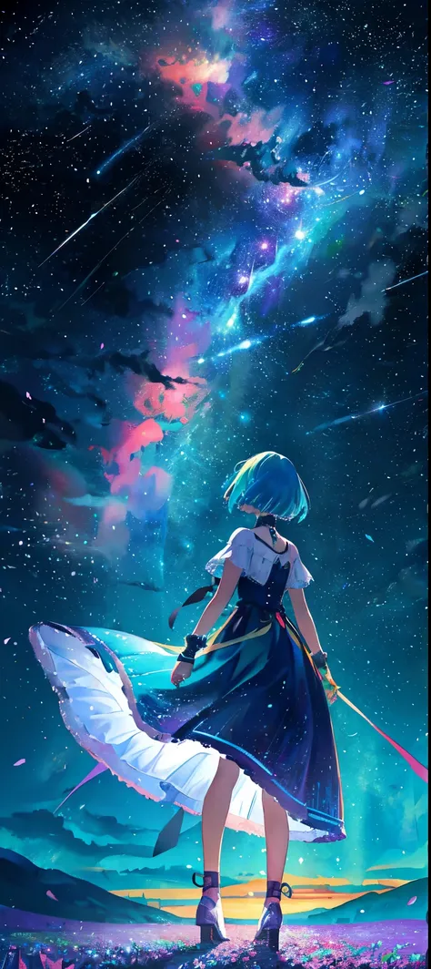 1girl, distant girl, rainbow colored hair, wearing a teal dress armor, staring at the stars, (zoomed out:1.1), (meteor shower:1.2), (comet:1.1), low angle, from behind, aurora borealis, shooting star, surrounded by flowers petals, standing in a field, best...