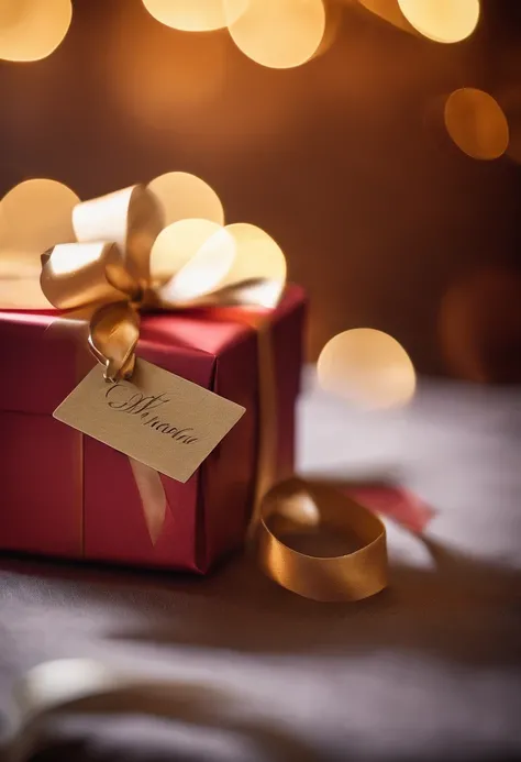 A close-up shot of a beautifully wrapped gift, complete with a satin bow and a personalized gift tag.